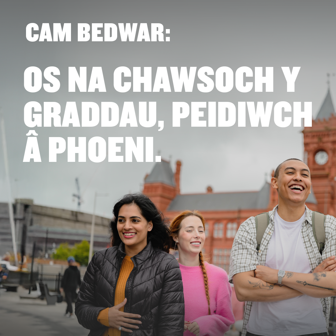 Students smiling and walking through Cardiff Bay. There is white text over the image that reads 