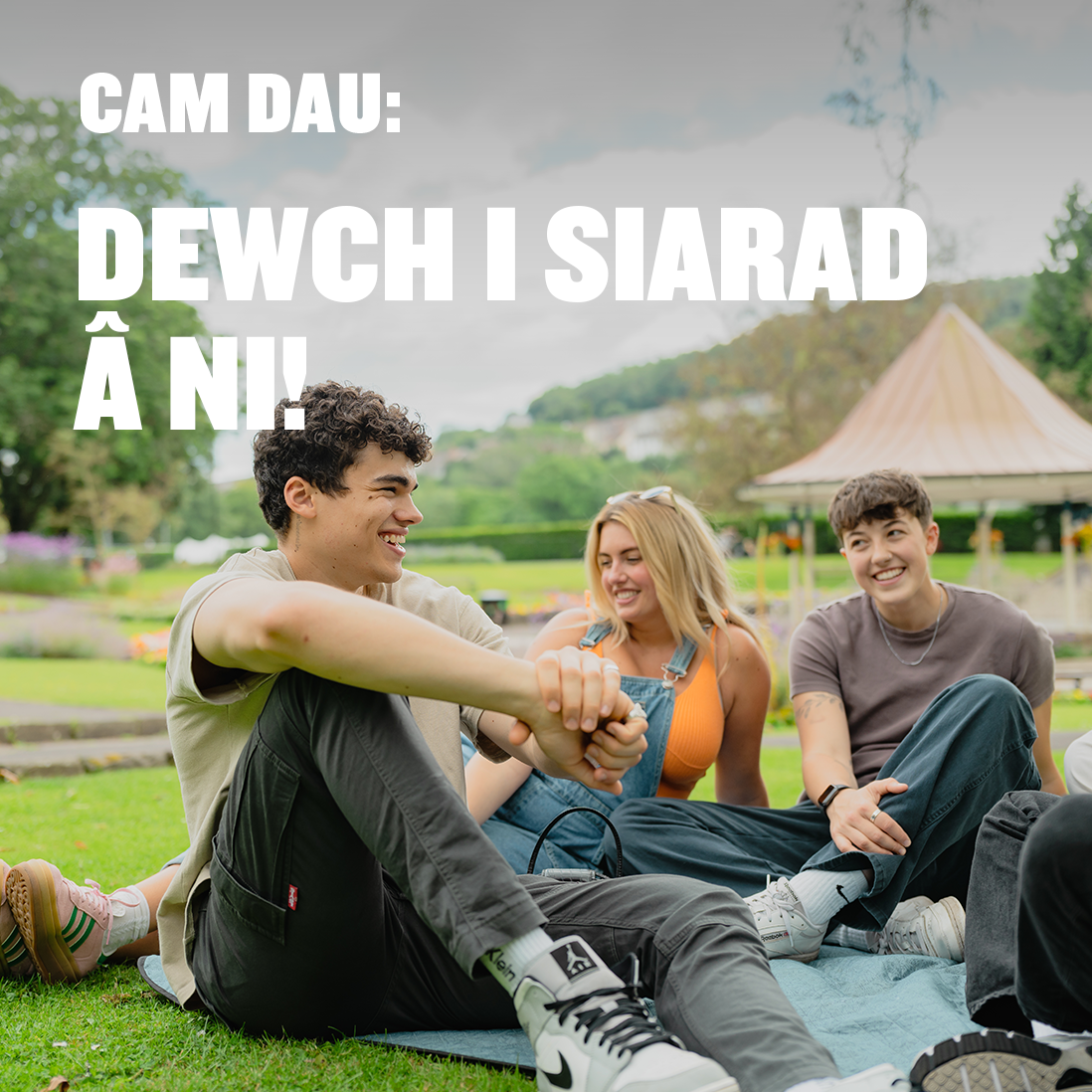 Students sat on a picnic blanket in a park. There is white text over the image that reads 