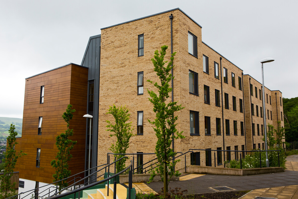 Exterior shot of the mountain halls accommodation at the Treforest campus.