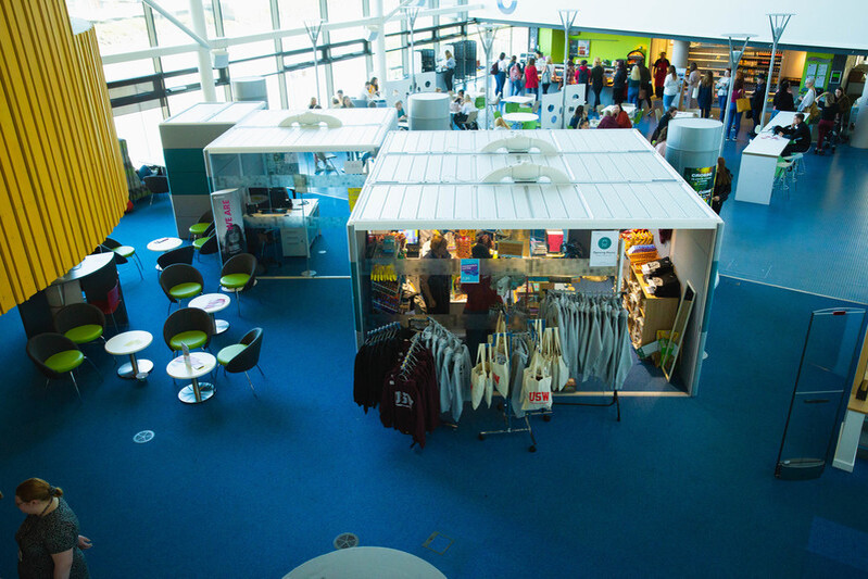 An aerial view of the students union pod at the newport campus which sells USW hoodies, bags and other student essentials.