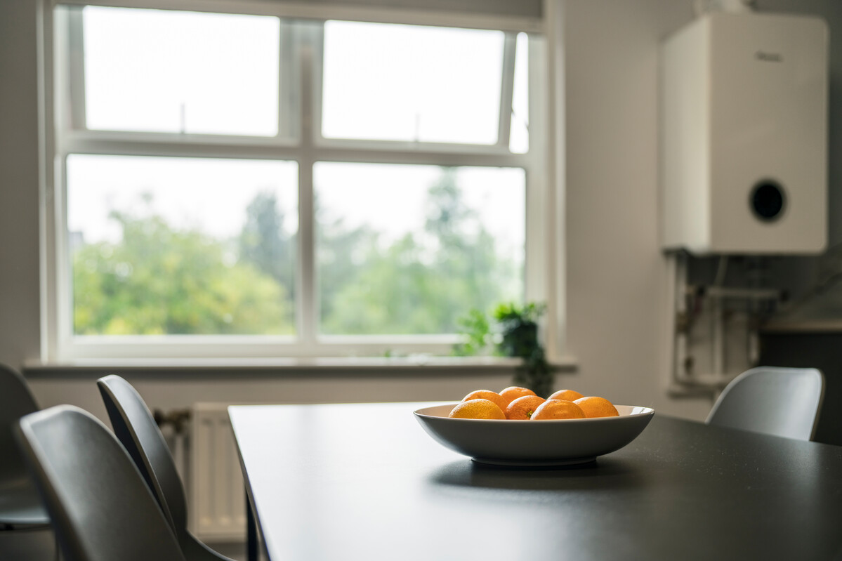 A close up of oranges in a fruit bowl in a shared student kitchen in Pontypridd.