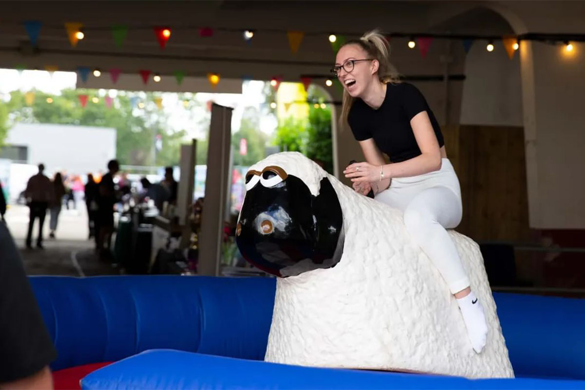 A student having fun on a rodeo sheep