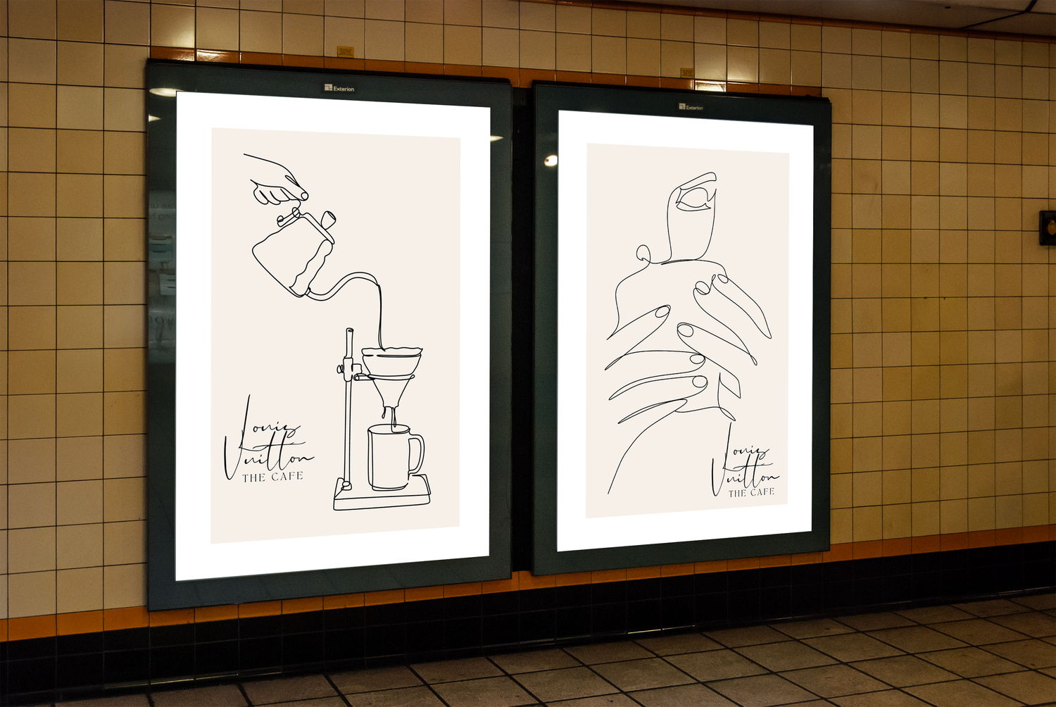 An example of student work that shows mockups of subway ads. The ads are for Louis Vuitton 'The Cafe' and show line drawings of a person drinking coffee and coffee being poured.