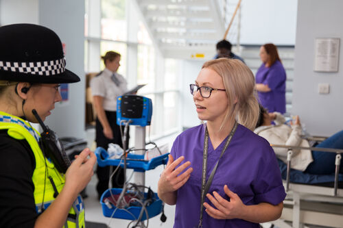 Nursing and policing students taking part in a blue light simulation at the Glyntaff campus.