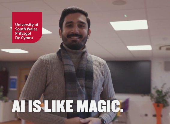 Alumni Fasih smiles while talking to the camera from a USW computer laboratory in the thumbnail with the title 