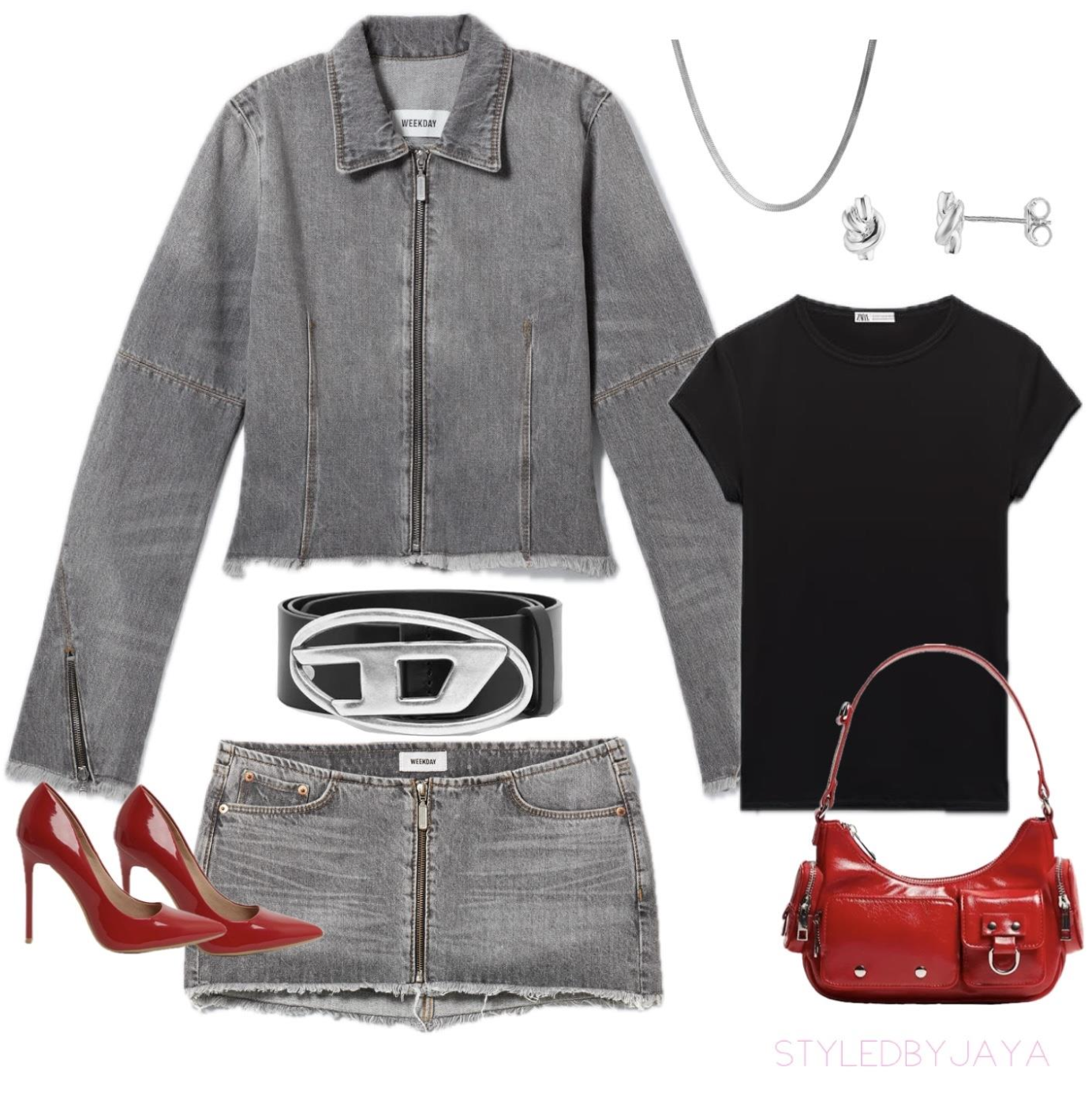 A collection of clothes presented as an outfit guide