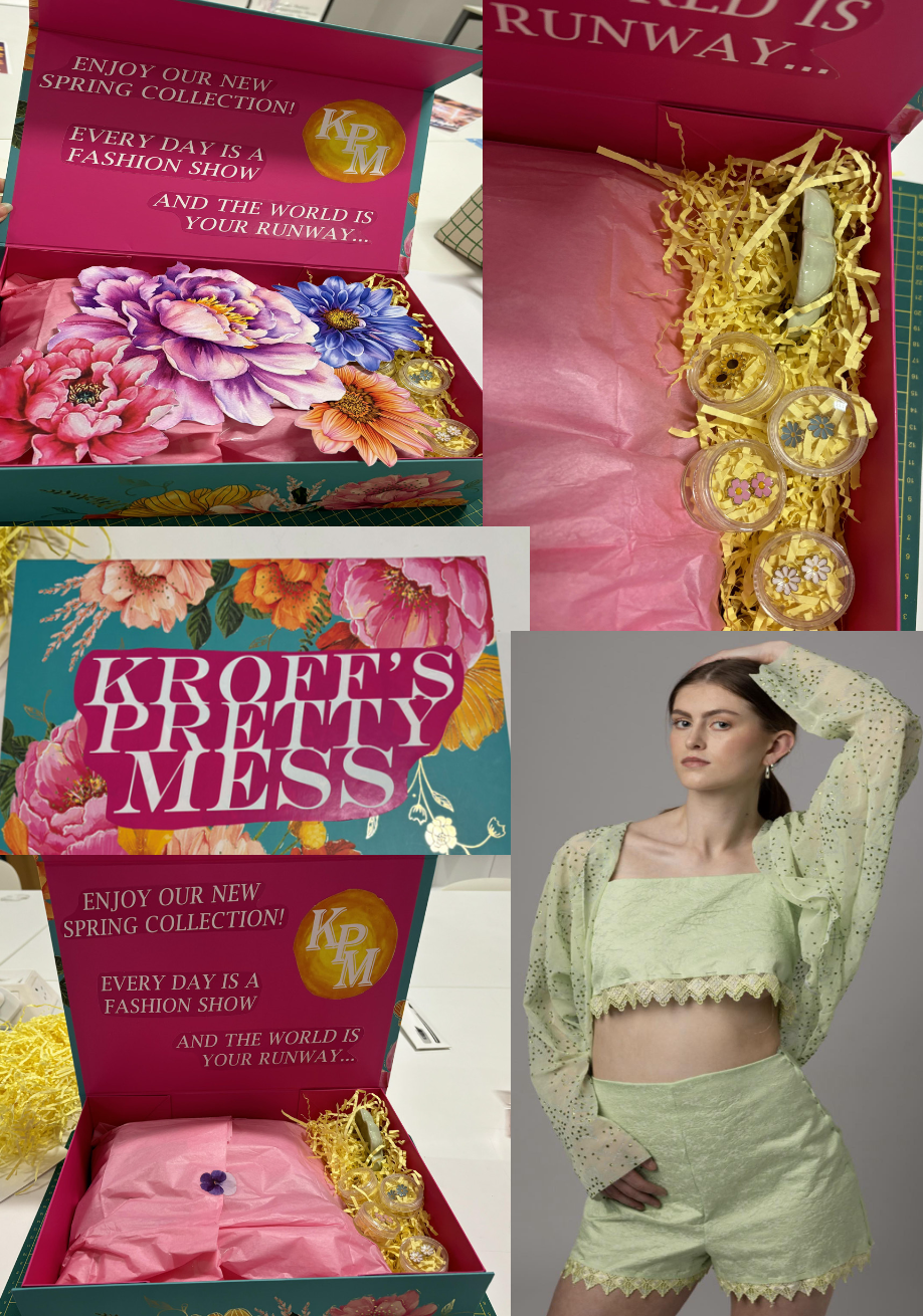 Multiple images of wrapping and packaging for a clothing brand