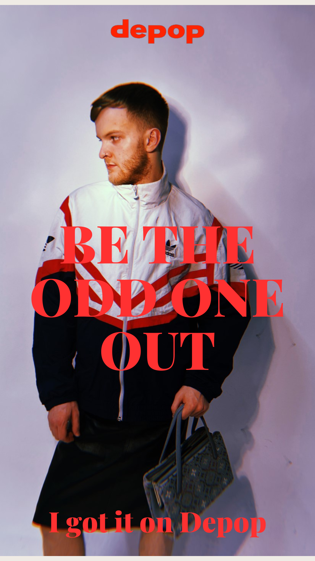 Depop lookbook advert with a model wearing unconventional clothes and the caption 'Be the odd one out'