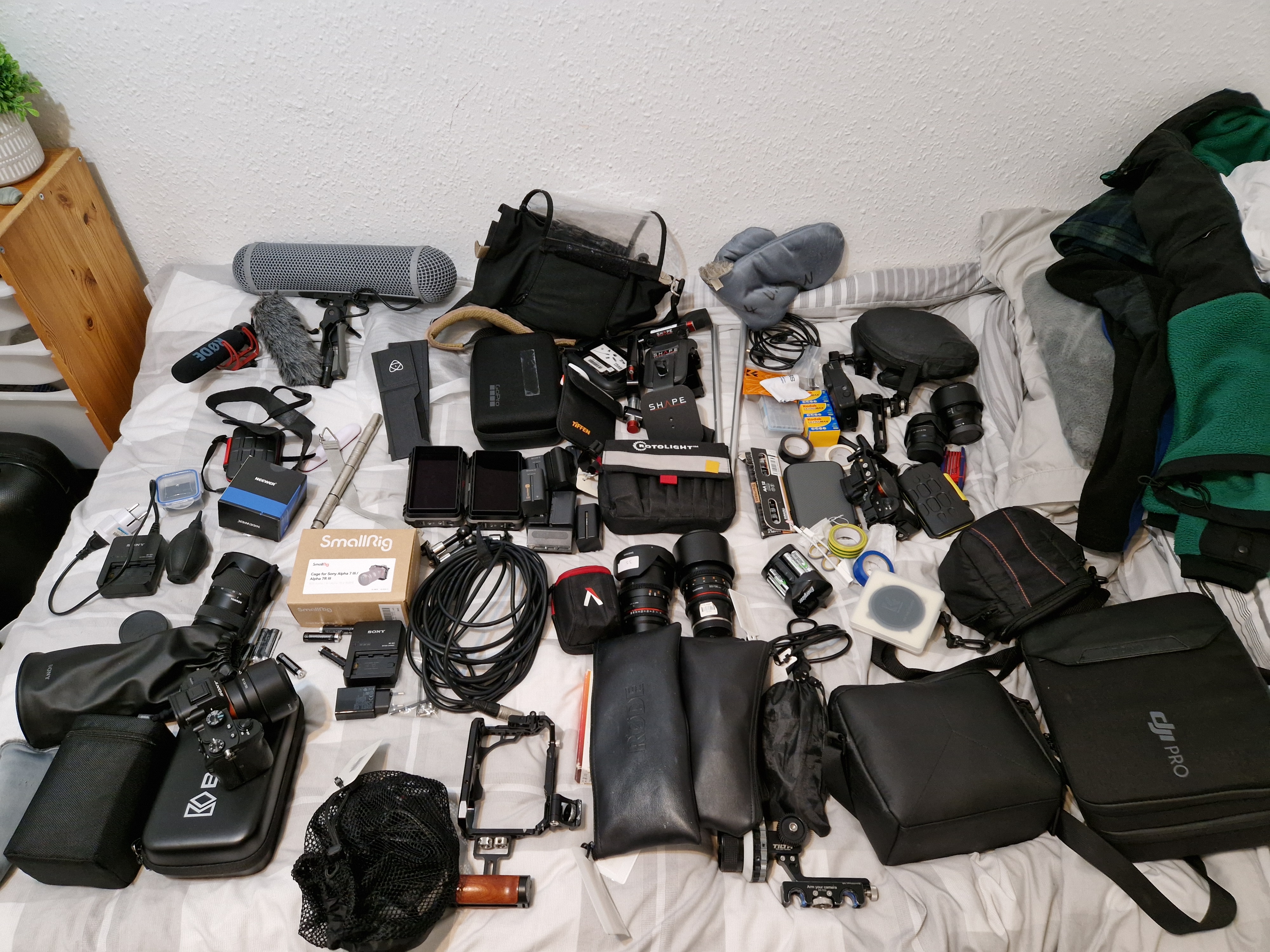 filming equipment laid out on a table