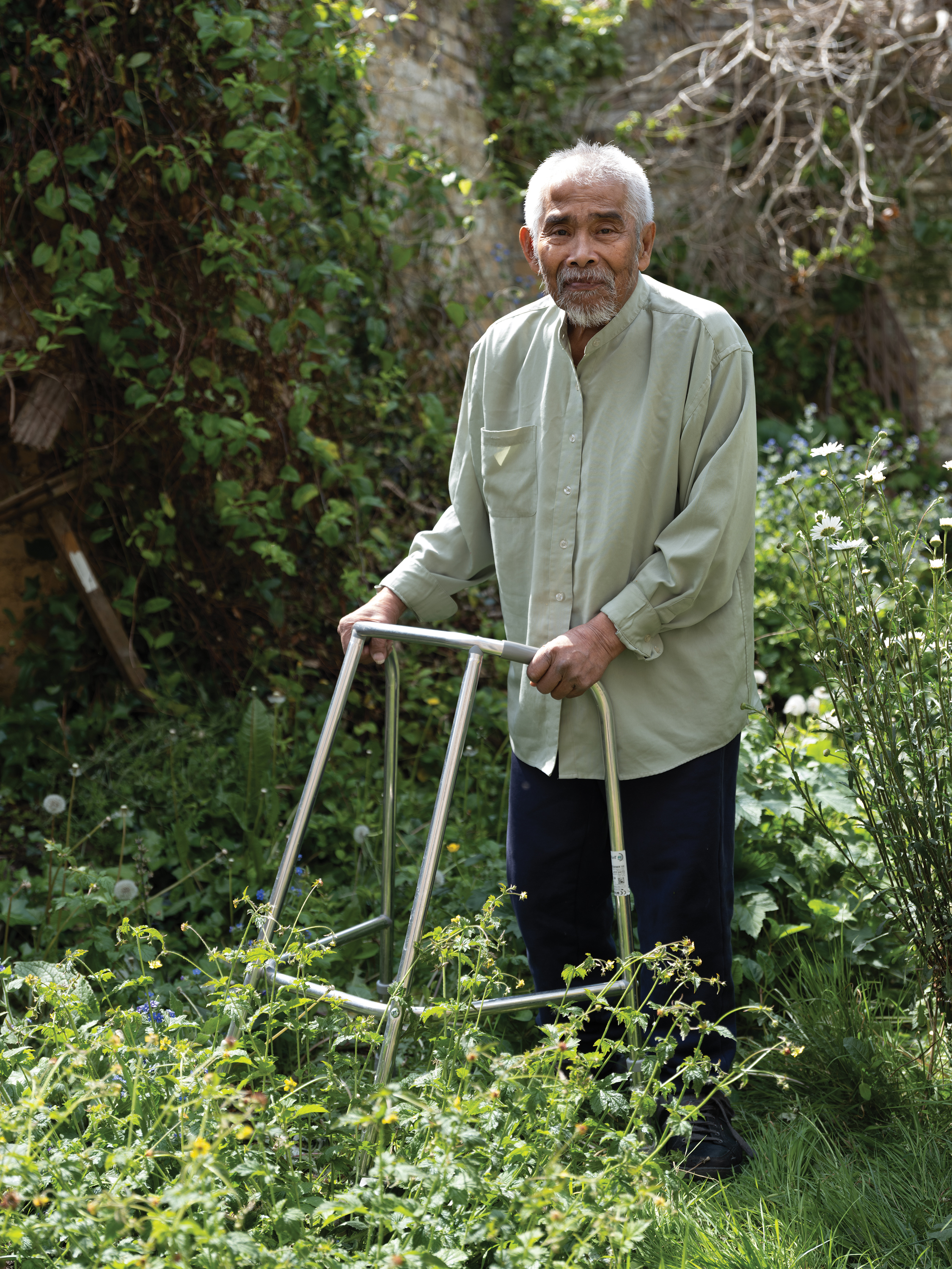 An elderly Asian man uses a walking frame while looking through some plants in a forest