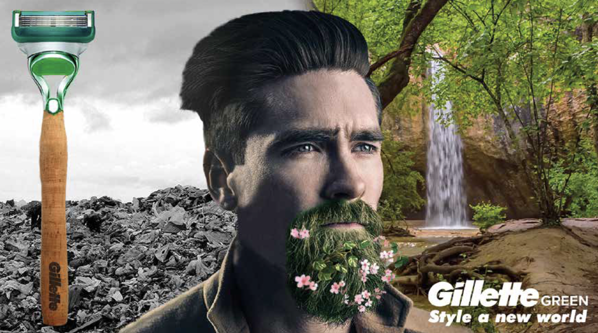 An advert created by a student for razor brand, Gillette, featuring a man with grass as a beard and a green razor with the tagline 