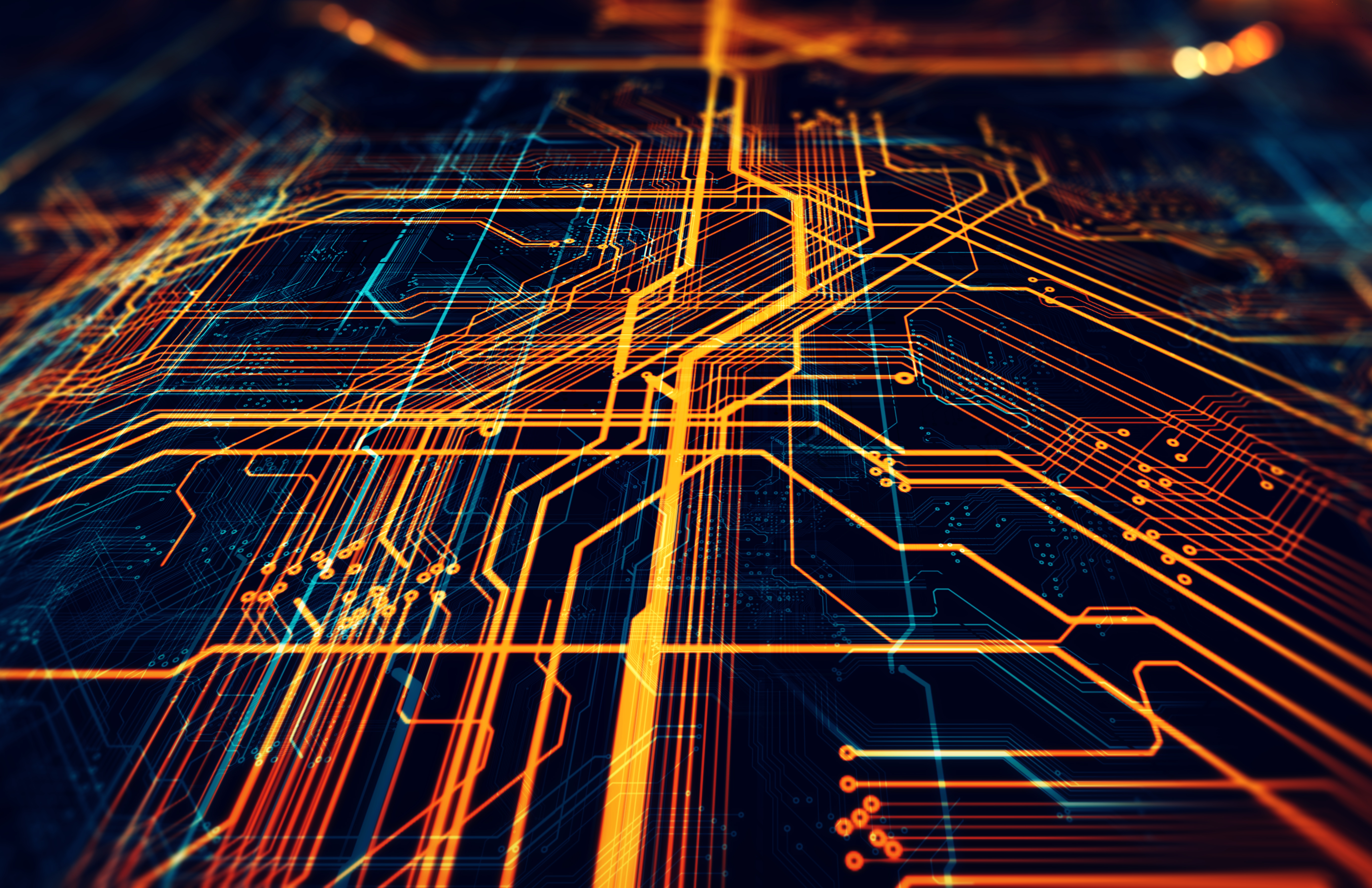 An abstract 3D illustration of a circuit board with futuristic server code processing showing an orange, green, and blue technology background with bokeh