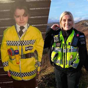 An image of graduate Megan Evans as a child wearing a police uniform next to a photo of her now.