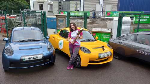 Dr Rhiannon Chalmers-Brown, with the Riversimple cars that took the Queen's Baton Relay from USW HydrogenCentre at Baglan to Margam Park, Commonwealth Games, 2022