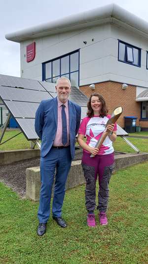 Dr Ben Calvert and Dr Rhiannon Chalmers-Brown during the Queen's Baton Relay visit to Baglan Hydrogen Centre. July 2022