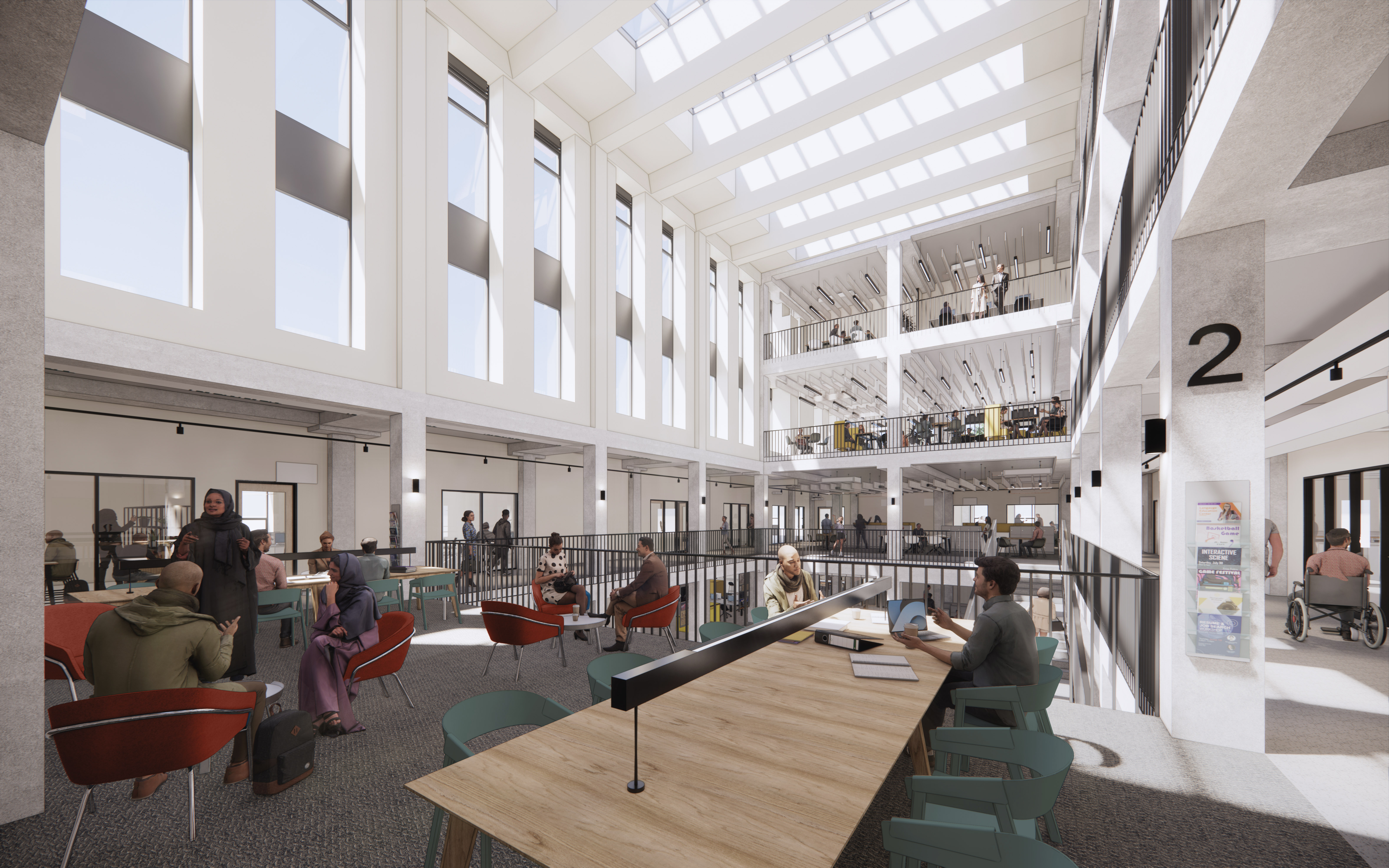 An artist’s impression of the inside of the new building – there are a few people sat on chairs and at desks, talking and working in the foreground. There is a sign that shows they are on floor two. In the background you can see a large atrium with large windows on side of the building, and the upper floors of the building.