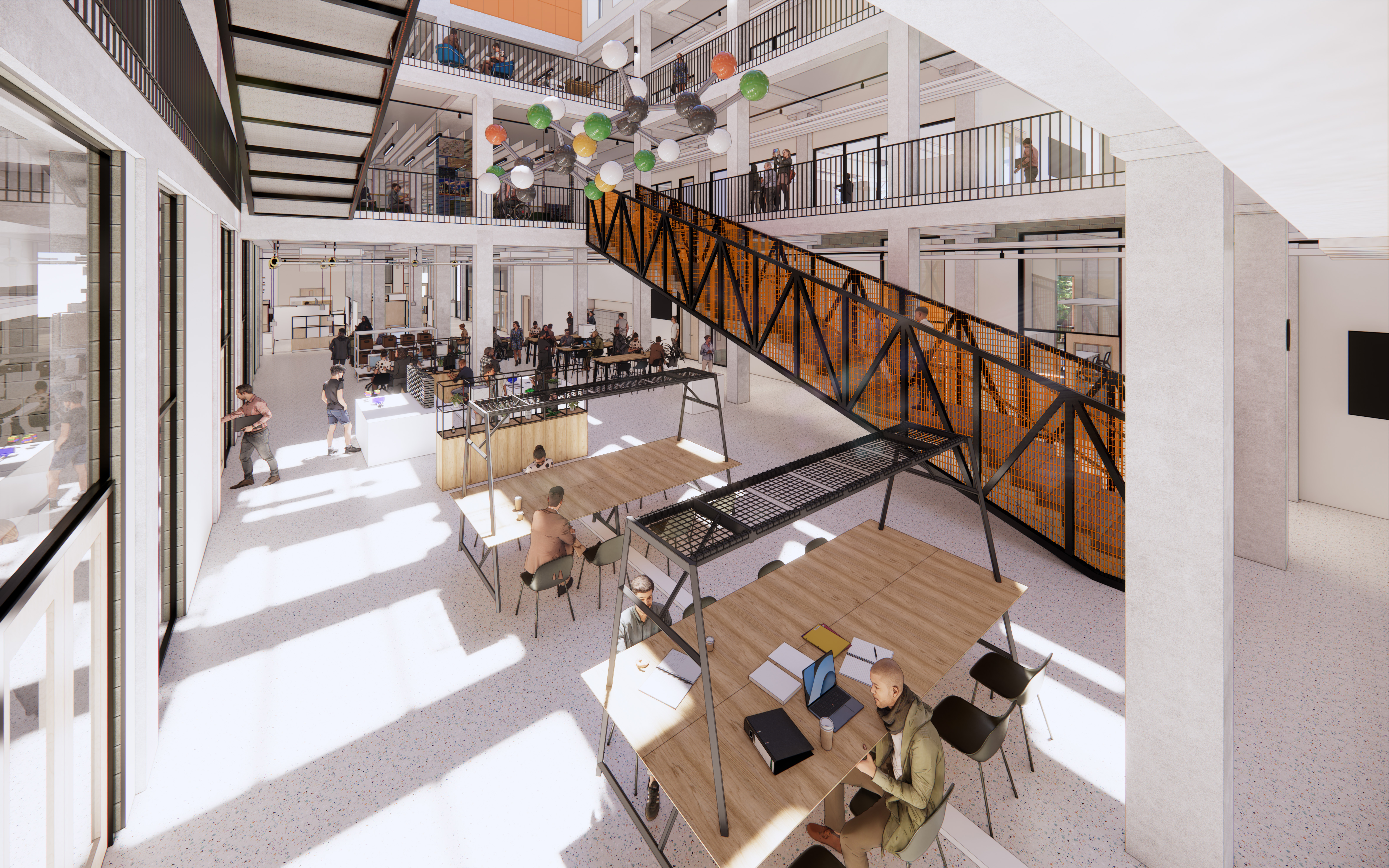 An artist’s impression of the inside of part of the ground floor of the new building – there are a number of large desks in a large open space, with people sat working at them. There is a staircase to upper floors in the background.