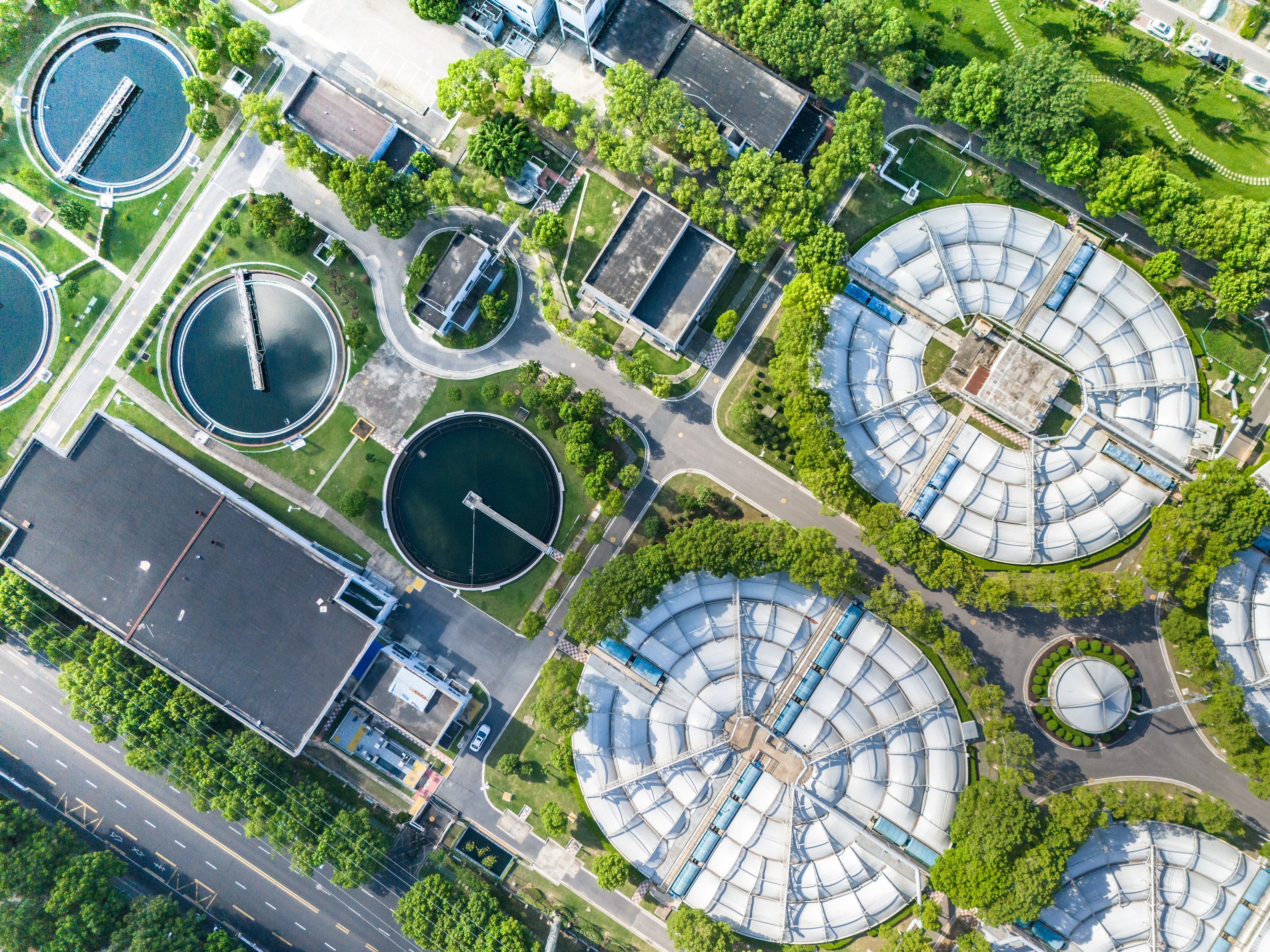 A picture of a water treatment works, taken from above