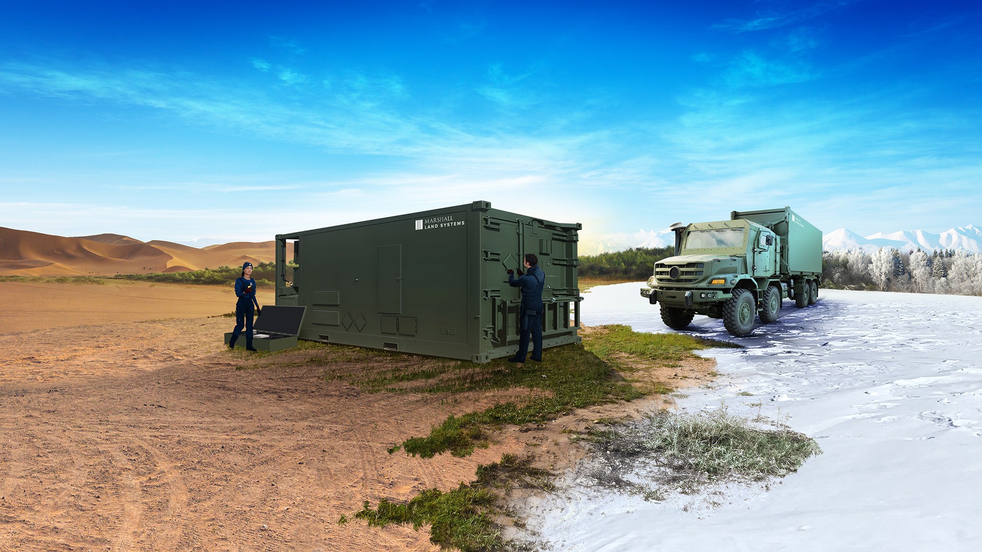 Marshall Land Systems modular shelter and vehicle demonstrated in desert and snow-covered environments